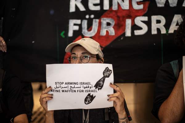 Israeli demonstrators demand Berlin administration cut arms exports to Israel in Tel Aviv