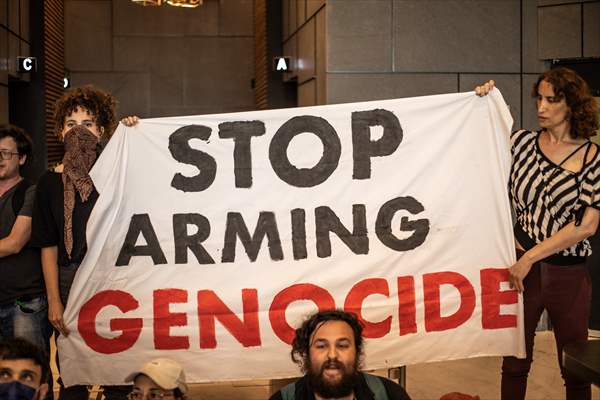 Israeli demonstrators demand Berlin administration cut arms exports to Israel in Tel Aviv