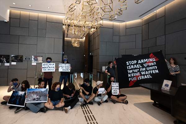 Israeli demonstrators demand Berlin administration cut arms exports to Israel in Tel Aviv