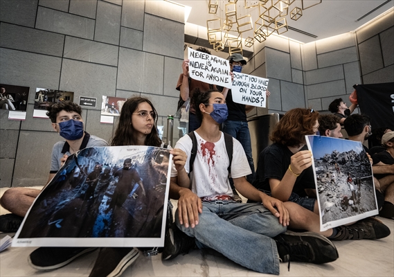 Israeli demonstrators demand Berlin administration cut arms exports to Israel in Tel Aviv