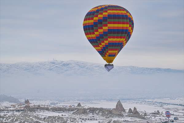 Hot air balloons with 'Palestinian keffiyeh' pattern rise above Cappadocia