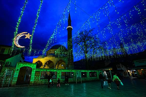 Historical Bazaar in Sarajevo was decorated with star and moon decorations for Ramadan