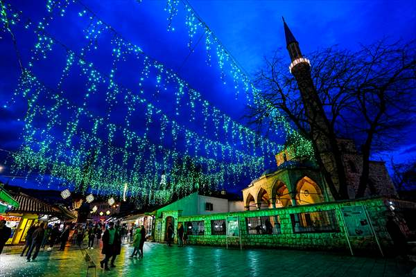 Historical Bazaar in Sarajevo was decorated with star and moon decorations for Ramadan