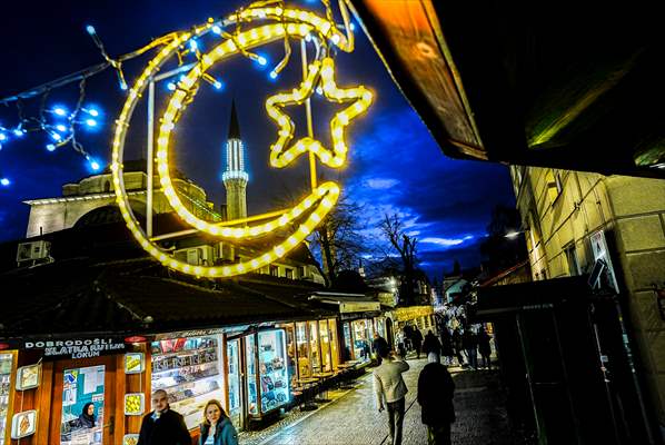 Historical Bazaar in Sarajevo was decorated with star and moon decorations for Ramadan