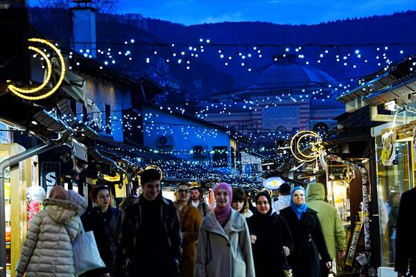 Historical Bazaar in Sarajevo was decorated with star and moon decorations for Ramadan