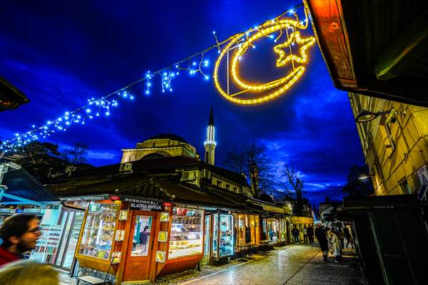 Historical Bazaar in Sarajevo was decorated with star and moon decorations for Ramadan