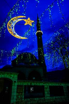 Historical Bazaar in Sarajevo was decorated with star and moon decorations for Ramadan
