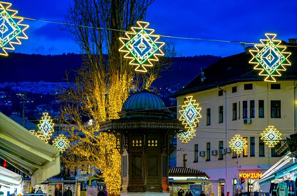 Historical Bazaar in Sarajevo was decorated with star and moon decorations for Ramadan