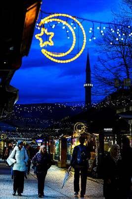 Historical Bazaar in Sarajevo was decorated with star and moon decorations for Ramadan