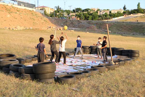 Volleyball court made of tires